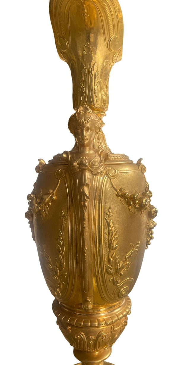 Pair of French Belle Époque Gilt Bronze Ewers on Marble Bases. Late 19th Century