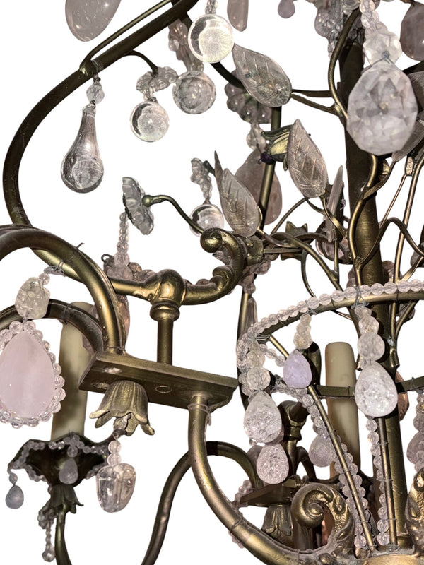 Maison Baguès Rock Crystal & Rose Quartz Chandelier, France, 1940's