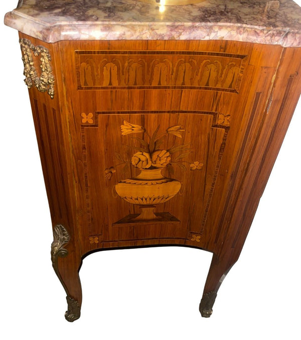 19th Century French Louis XV Style Inlaid Commode with Bronze & Marble Top.