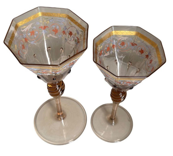 Set for Ten Venetian Gilt-Heightened Enamel Glasses w Plates & Bowls. E. 20th C.