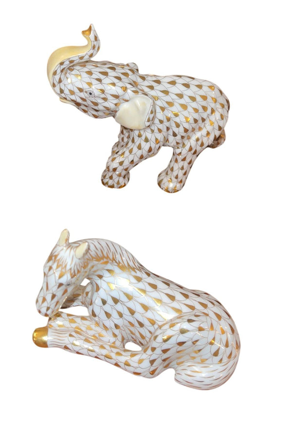 Set of Nine Herend Fishnet Porcelain Animal Figurines