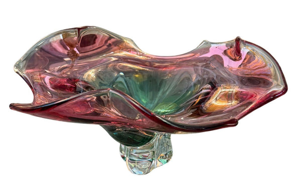 Murano Glass Footed Bowl Emerald Green, Pink & Clear, Italy, Late 20th Century