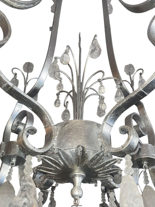 French 1950's Rock Crystal Chandelier with Silver Leaf Finish