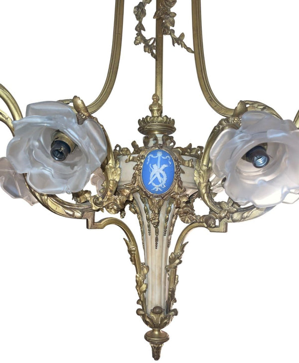 French 19th-C Bronze Chandelier with Marble Body, Wedgwood Plaque & Glass Shades
