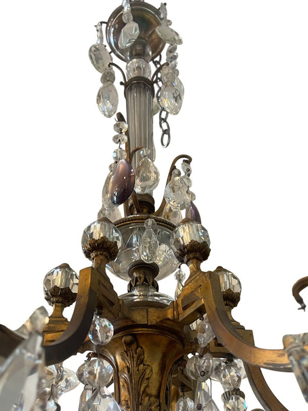 Bronze Chandelier with Clear & Amethyst Cut Crystal. France, 1920's.