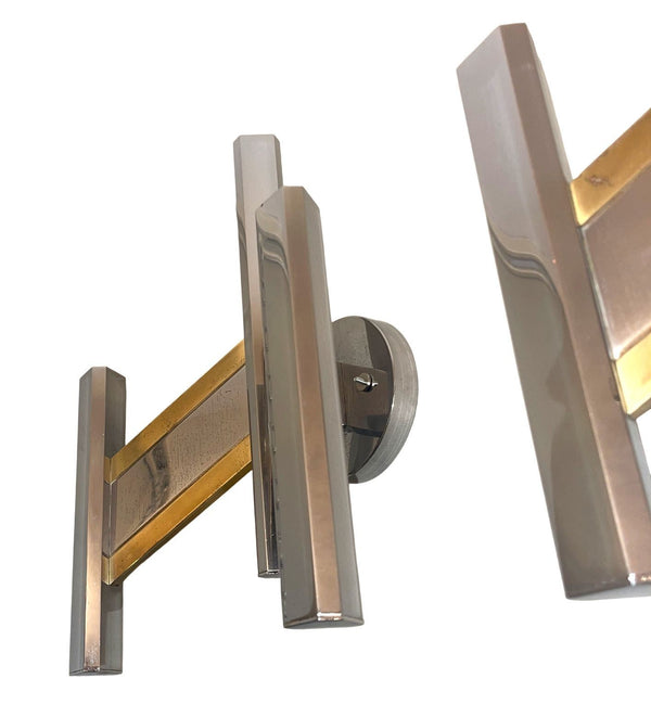 Pair Sciolari Chrome & Brass Geometric Wall Sconces, Late 20th Century.