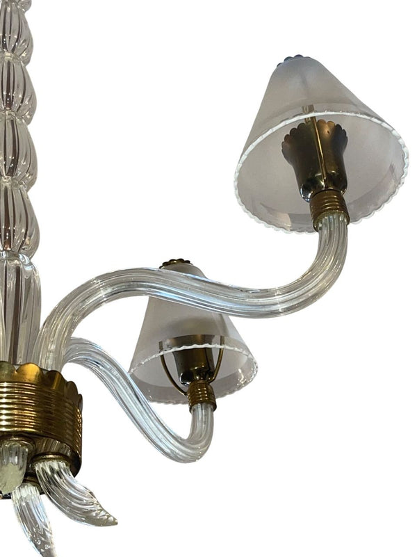 Ercole Barovier Murano Glass Five-Arm Chandelier w Frosted Shades. Italy, 1940's