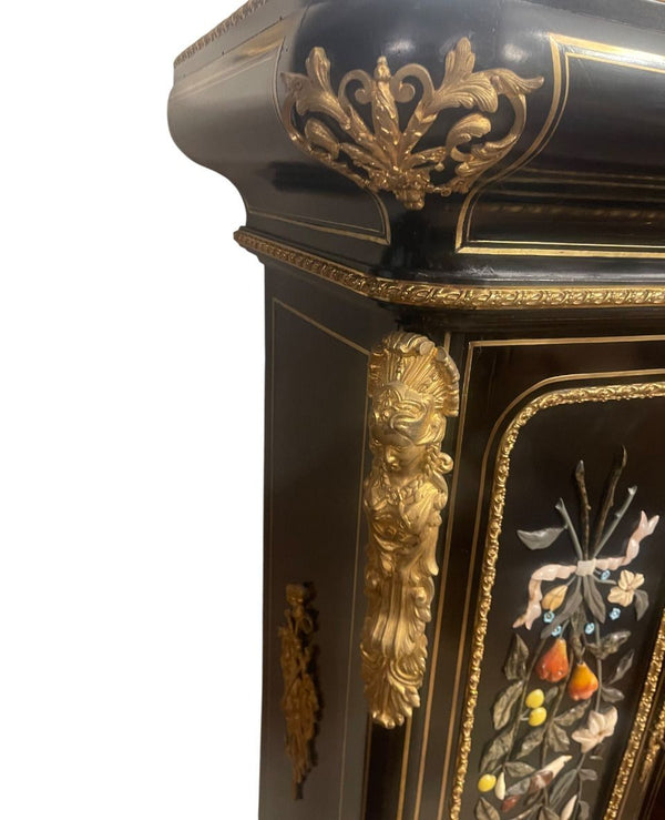 Similar Pair 19th C. Napoleon III Ebonized Pedestals with Hardstone & Bronze.