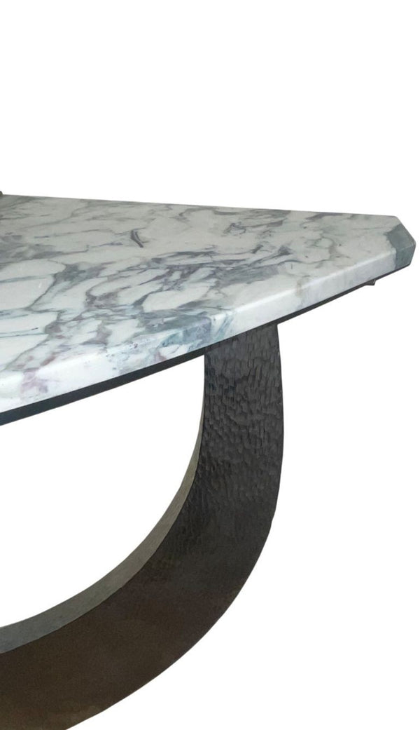 Pair of American Contemporary Hammered Metal Consoles with Mirrors & Marble Tops