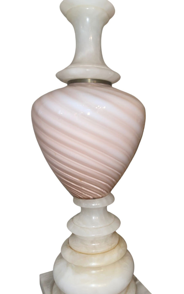 Pair of Italian Pink Murano Glass & Alabaster Lamps. Mid-20th Century.