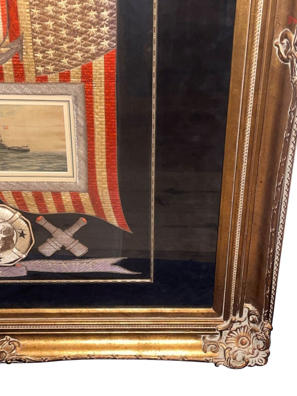 Oversized 1910 American Naval Silk Embroidered Souvenir Tapestry