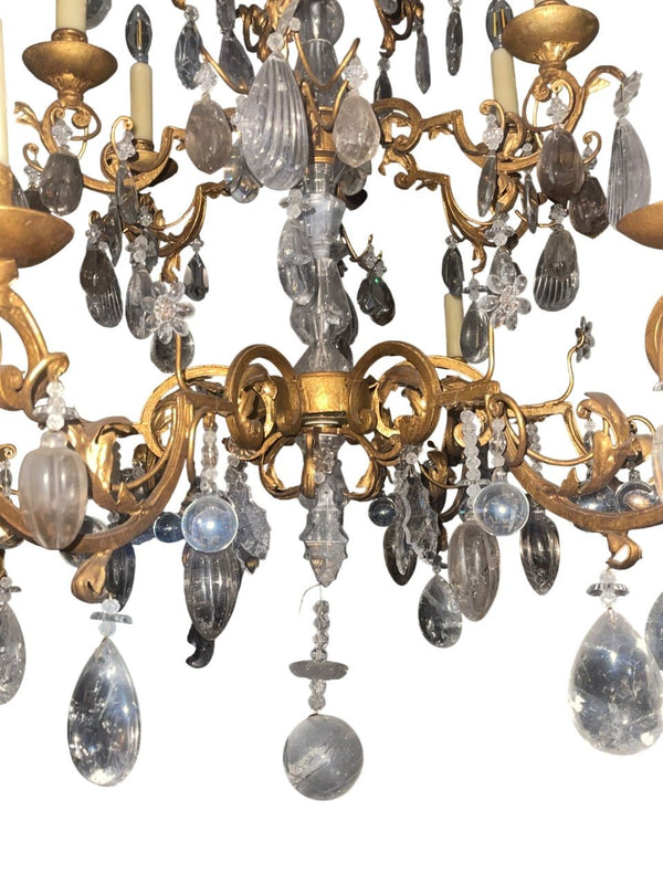 Late 20th Century Hand-Carved Rock Crystal and Wrought Iron Chandelier. U.S.A.