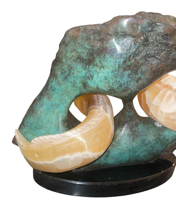 Late 20th Century Campbell Calcite Fish Sculpture Bronze Reef Marble Base U.S.A.
