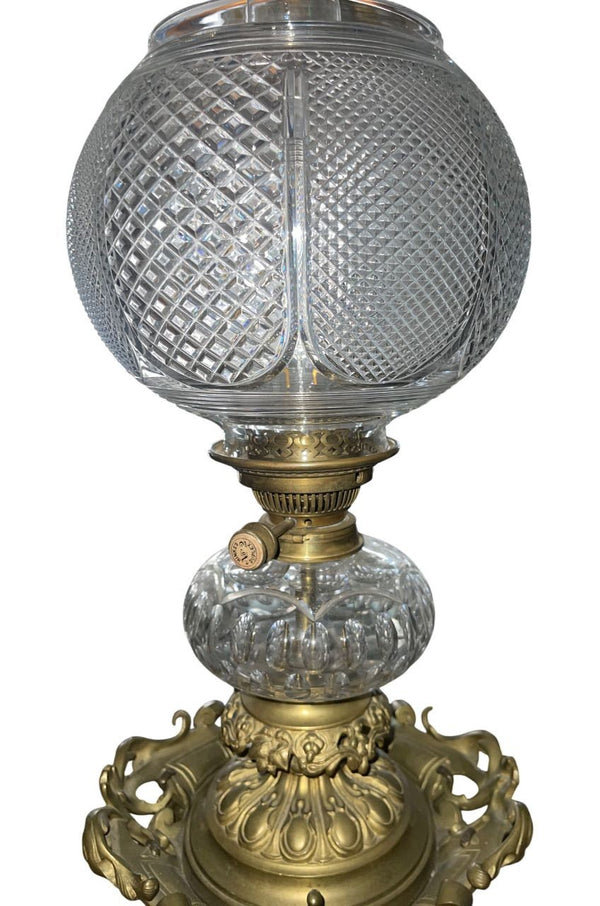 Large Italian Bronze Oil Lamp Electrified Cut Glass Cherub Base