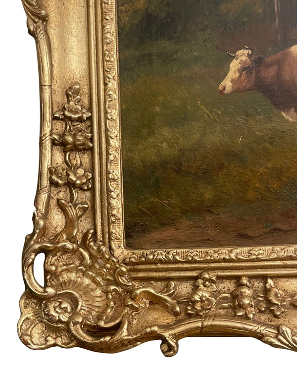 19th Century Italian Pastoral Cow Painting Signed by Vitolla
