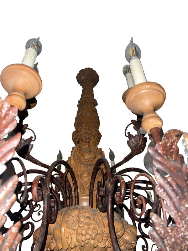 French Provincial Rock Crystal, Wrought Iron & Wood Chandelier. 1940's.