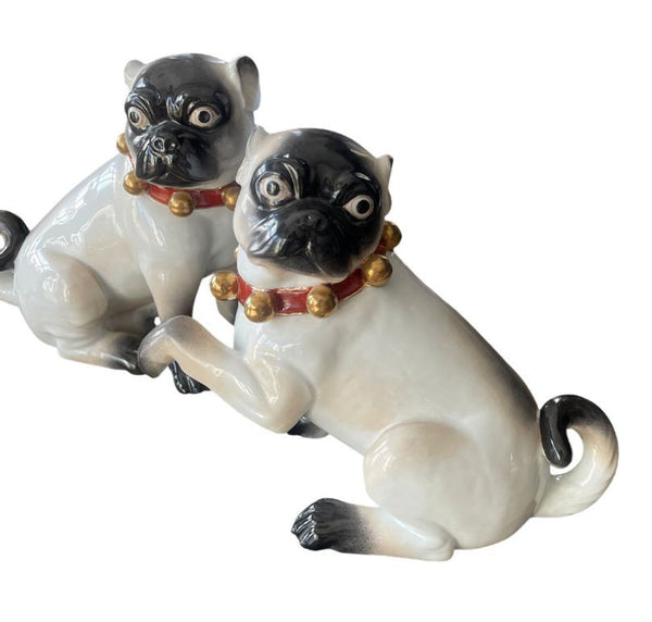 Pair of Large English Porcelain Pug Dog Figures, Early 20th Century