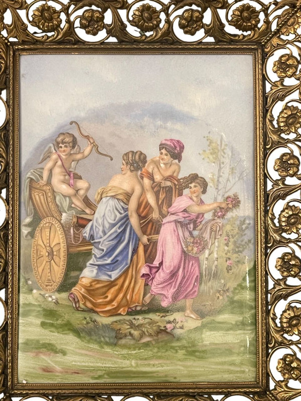 Pair French Limoges Porcelain Plaques in Ornate Gilt Metal Frames. Early 20th C.