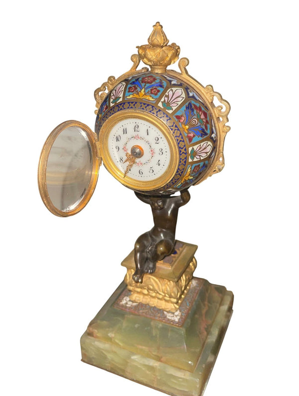 19th Century French Champlevé Enamel Figural Mantel Clock