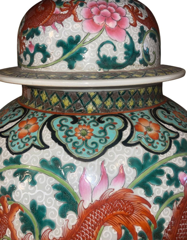 Early 20th C. Pair of Chinese Qianlong Style Porcelain Jars w/ Dragon Motifs