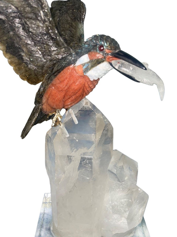Peter Muller Labradorite Kingfisher Sculpture Quartz Base. Switzerland, 1980's.