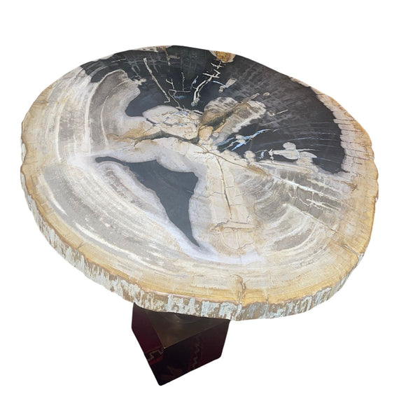 Pair Modern Petrified Wood Side Tables w/ Sculptural Metal Bases. Late 20th C.