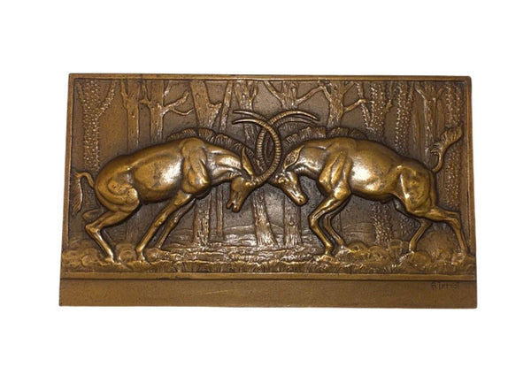 Pair of French Art Deco Bronze Antelope Plaques on Stands by Thenot, c.1930's.