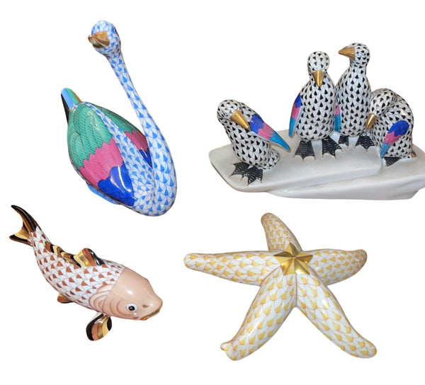 Set of Ten Herend Porcelain Aquatic Animal Figurines. Hungary, 20th Century.