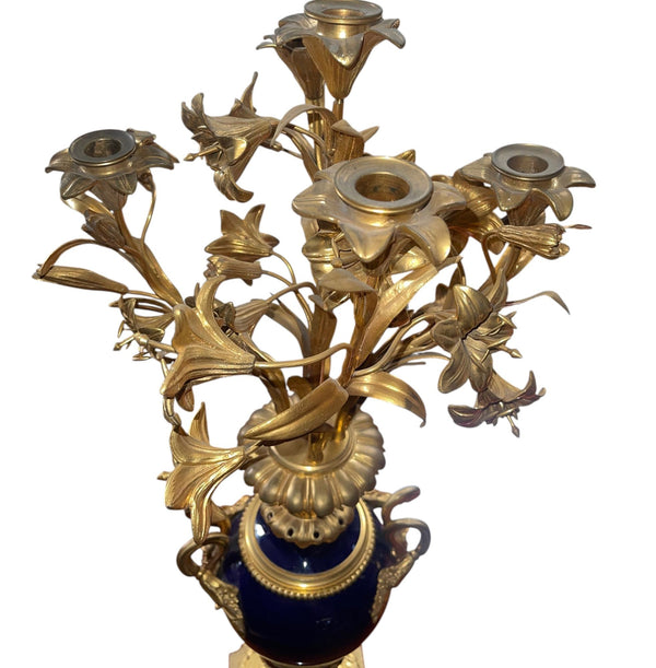 Pair of French Bronze & Deep Cobalt Porcelain Candelabras. 19th Century.