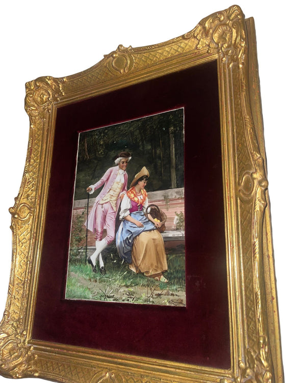 19th Century Pair Italian Porcelain Plaques on Gilt Frames with Red Velvet Mats