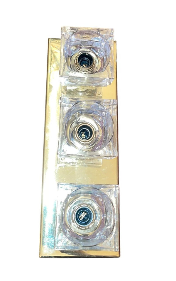 Set of Six Italian Sciolari Murano Glass Cubes & Brass Sconces, 1960's.
