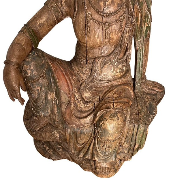 Monumental Chinese Song Dynasty Style Carved Wood & Polychrome Guanyin. 19th C.