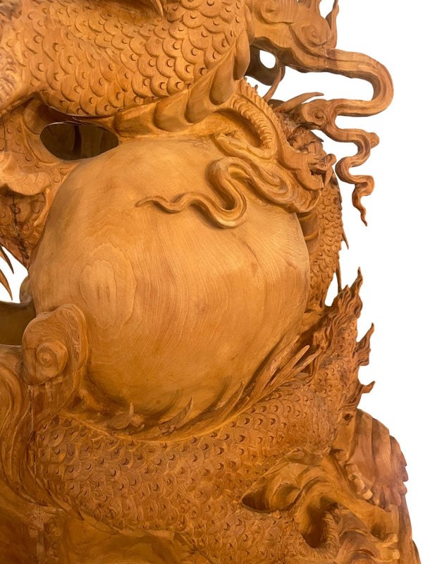 Large 20th Century Vietnamese Nhất Long Vờn Ngọc Dragon Pearl Wood Sculpture