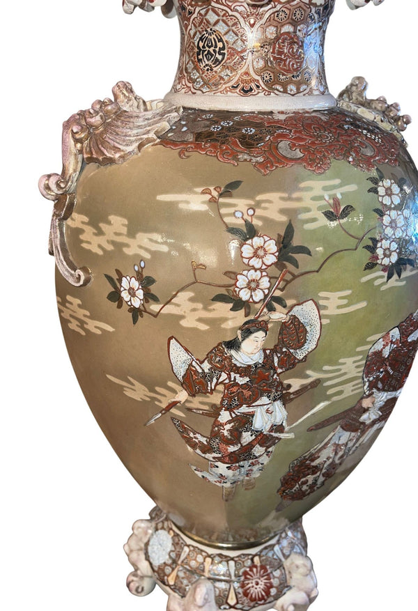 Large Antique Japanese Satsuma Earthenware Floor Vase Meiji Style, Early 20th C.