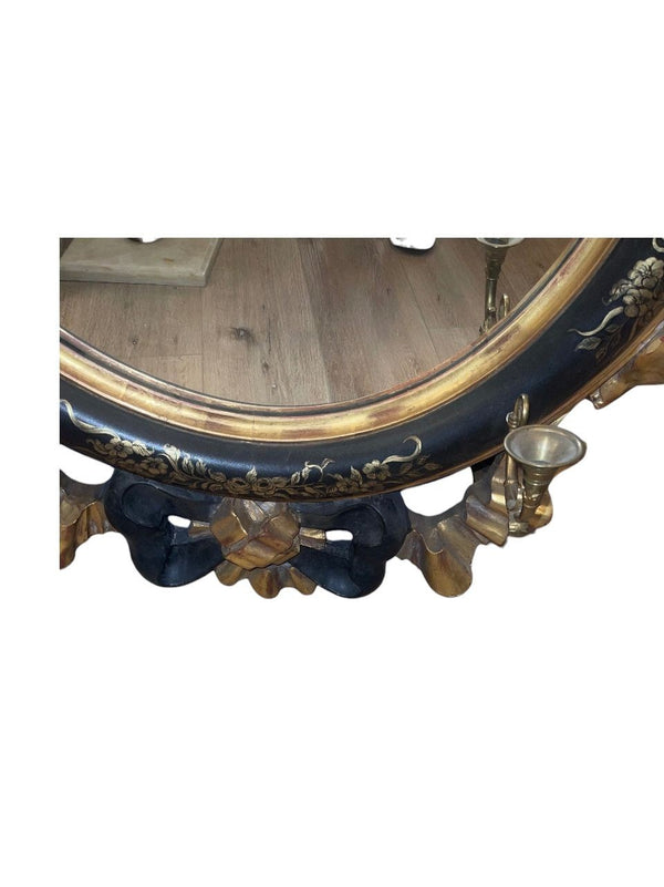 Italian 20th C. Rococo Style Ebonized & Giltwood Mirror w/ Putti & Candle Arms