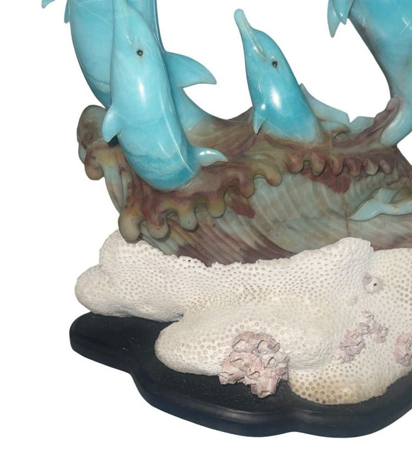 Blue Quartzite Dolphin Sculpture on Onyx Base, Brazil, Late 20th Century.