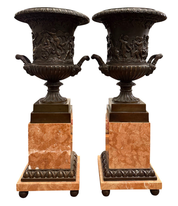 Pair of 19th Century French Bronze Urns on Marble Pedestals.