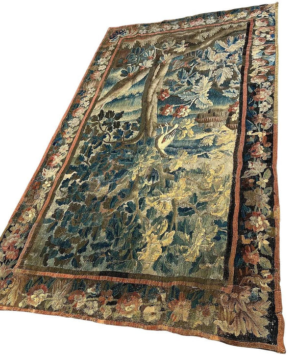 18th Century Franco-Flemish Verdure Tapestry with Bird in Flowering Landscape