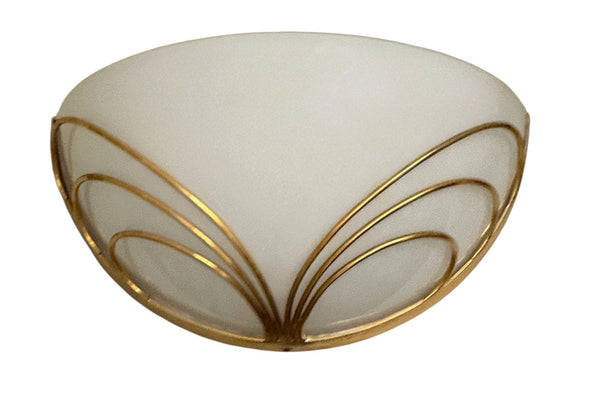 Pair of Italian Mid-Century Half-Moon Murano Opaline Glass & Brass Wall Sconces.