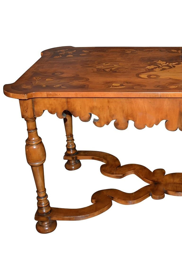 19th Century Italian Marquetry Inlaid Walnut Table with Scalloped Apron