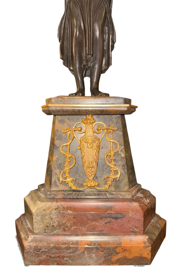 Pair of French 19th Century Empire Style Bronze, Ormolu & Marble Candelabras.