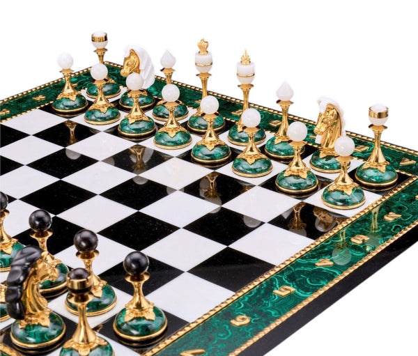 20th Century Russian Dolerite, Malachite & Kascholong Opal Chess Set.