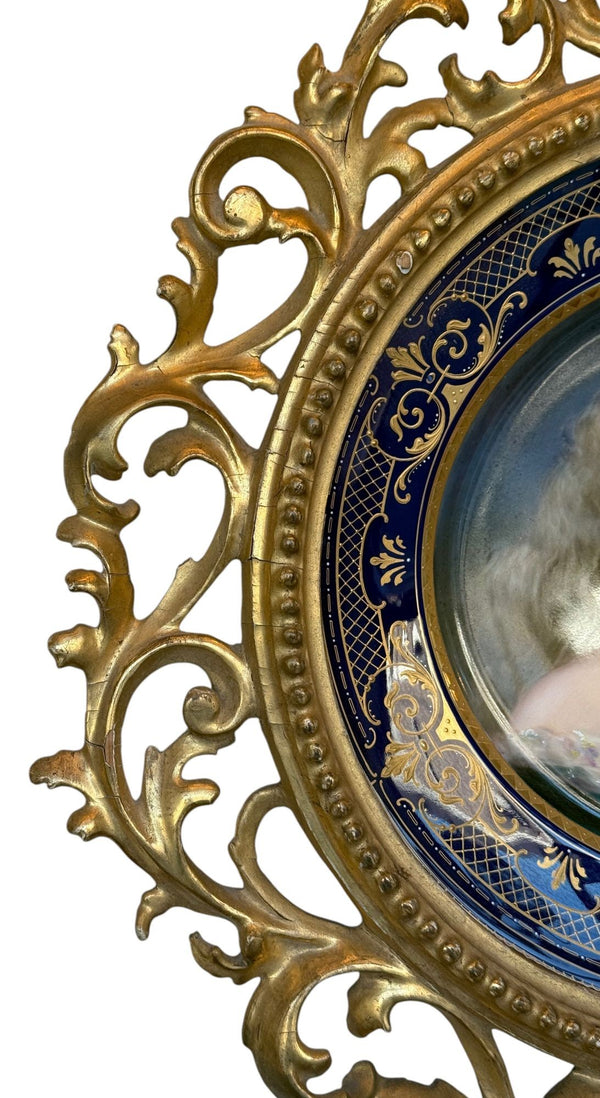 19th Century Vienna Porcelain Portrait Plate in Giltwood Frame Signed F. Fenner.