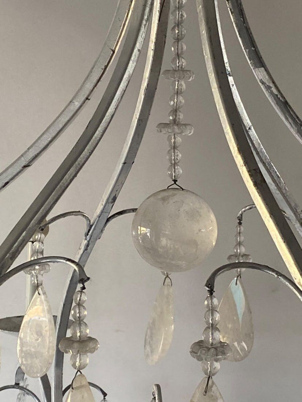 Large Silver Leaf Wrought Iron & Rock Crystal 6-Light Chandelier, 20th Century.