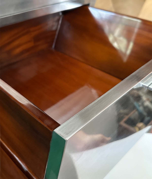 Minimalist “Popova” Desk in Brushed Stainless Steel with Mahogany Drawers. U.S.A