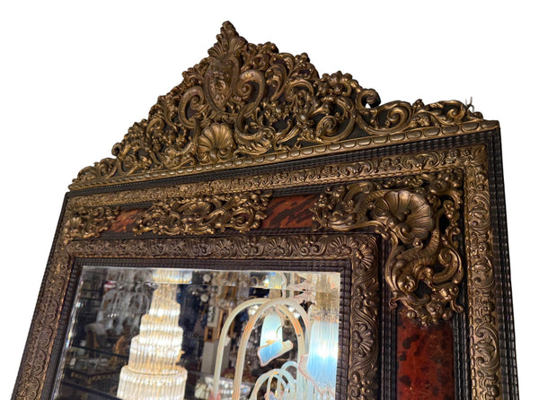 19th Century Flemish Repoussé Brass & Tortoiseshell-Pattern Mirror