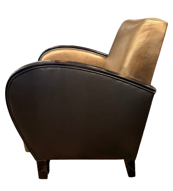 Pair of French Art Deco Gold and Black Leather Club Chairs
