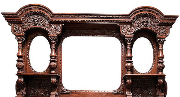 American Victorian Oak Sideboard with Carved Details & Triple Mirror, c.1880