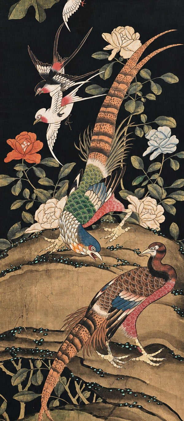 Oversized 19th C. Chinese Handpainted Hundred Birds Paying Homage to the Phoenix