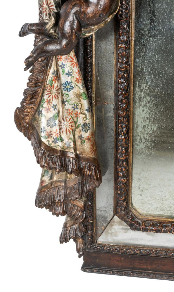 Late 18th Century Italian Venetian Hand Carved Wood Mirror w/ Putti & Drapery